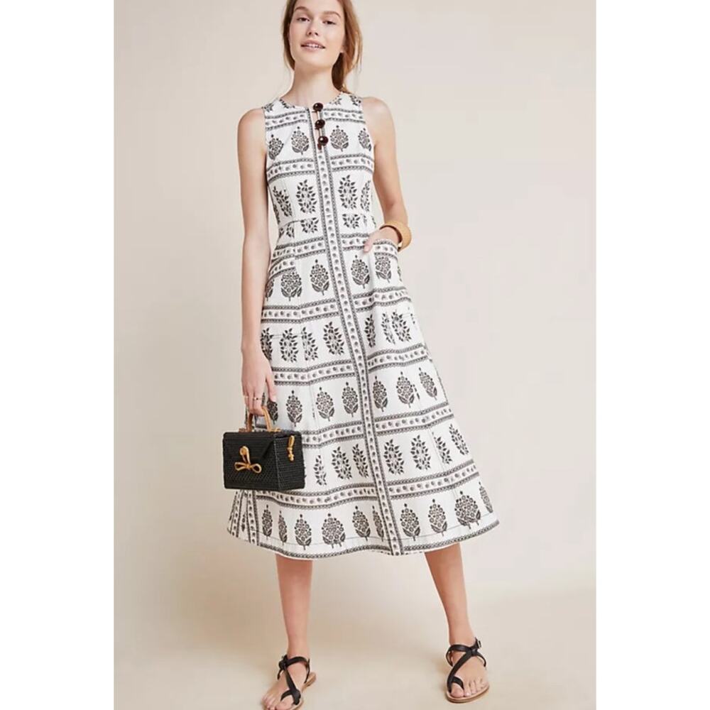 Anthropologie White Midi Dress with Black Block Print